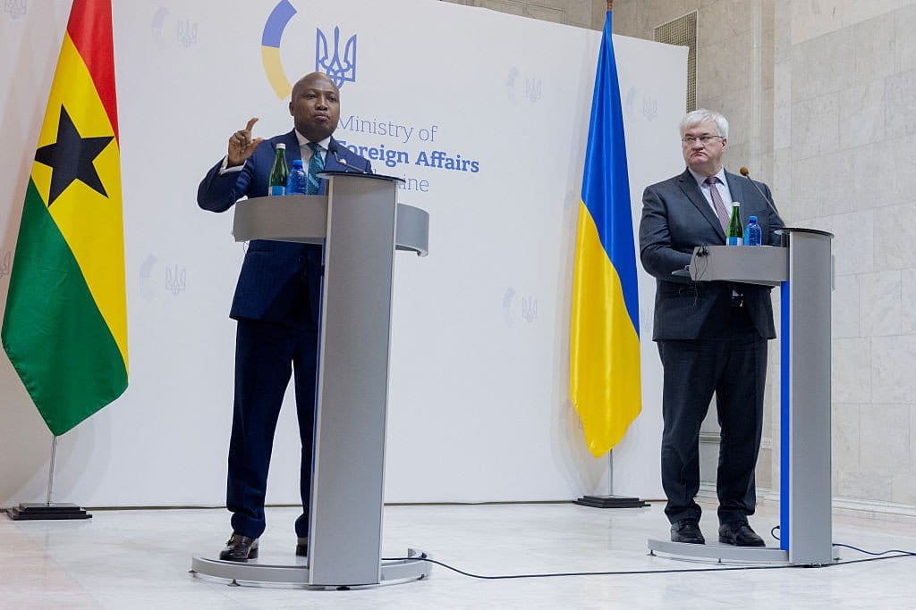 Ghana Foreign Minister Samuel Ablakwa at press conference in Kyiv Ukraine with Ukrainian Foreign Minister Sybiha 2026