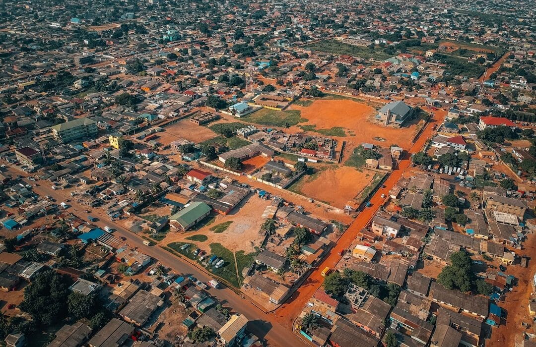 Aerial view of Accra real estate 2026 showing commercial buildings and rising property development in Ghana